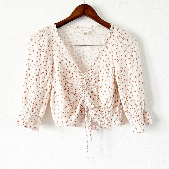 Ruched Cropped Top Cream and Rust Brown Polka Dot Medium Feminine Boho Prairie - Picture 1 of 9